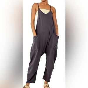 Spaghetti Long Length Pocket Jumpsuit Sleeveless Loose Zip Back Jumpsuit Gray
